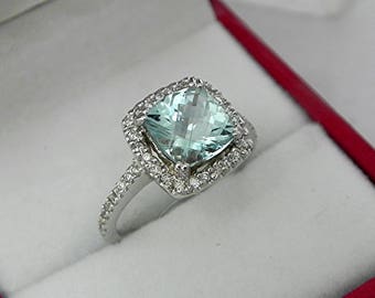 AAA Blue Green Aquamarine Cushion cut  8x8mm  1.78 Carats   14K white gold Halo Engagement Ring set w/ .30 carats of diamonds HB88 1289 DDD