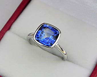 AAAA Blue Sapphire Cushion Cut   8x8mm  2.85 Carats   in a 14K White gold Engagement ring. MMM