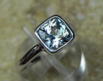 AAAA Natural Blue Aquamarine Untreated Cushion Cut   7x7mm  1.22 Carats   in a 14K White gold Engagement ring. MMMM