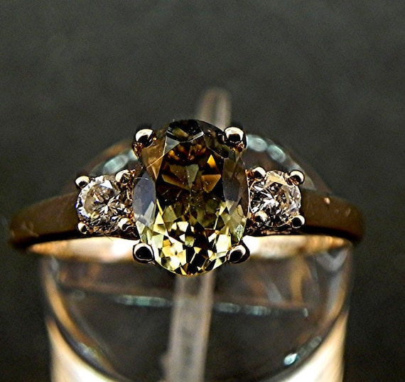 AAAA Olive Green Tourmaline 8x6mm 1.17 Carats With .14 Cts of Diamonds 14K Yellow Gold Three Stone Ring 1105 Etsy