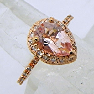 AAA Natural Salmon Peach Morganite untreated Pear shape 9x6mm 1.54 Carats in 14K Rose gold Engagement ring set with .30cts of diamonds MMM image 1