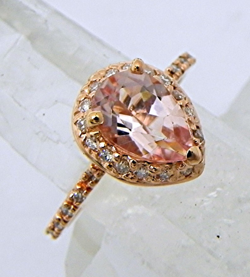 AAA Natural Salmon Peach Morganite untreated Pear shape 9x6mm 1.54 Carats in 14K Rose gold Engagement ring set with .30cts of diamonds MMM image 1