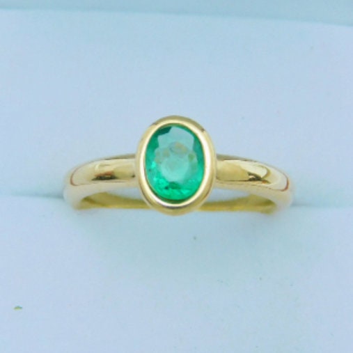 AAA Natural Emerald  6x4mm  0.47 Carats   Bezel set 14K Yellow gold Engagement Ring 2408