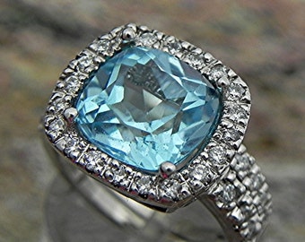 AAAA Blue Topaz   9x9mm  4.05 Carats   14K White gold diamond Halo (.65ct) Bridal set. BH99 1889 DDD