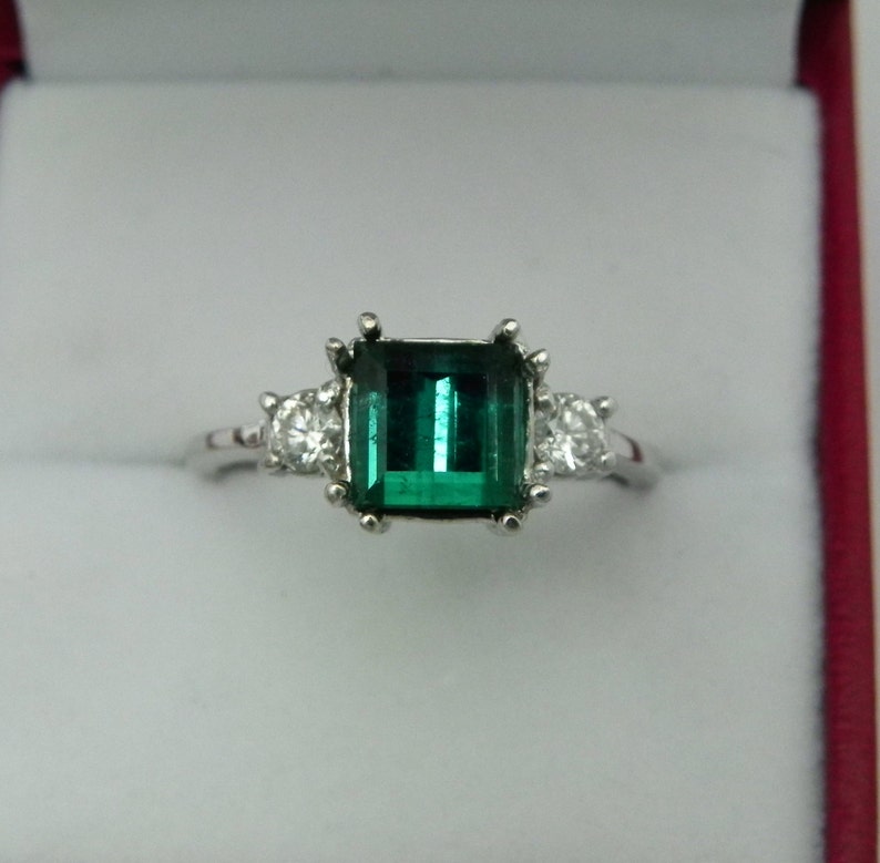 AAA Indicolite Tourmaline Step cut 7x7mm 1.89 Carats 14K white gold Diamond 3 stone ring .32ct 0784 image 3