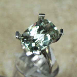 AAAA Green Amethyst (Prasiolite) Cushion Cut   14x10mm  6 Carats   Natural Gemstone in 14K white gold ring 1261