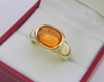 AAAA Orange Spessartite Garnet 3.60 carats  10x8mm in 14K Yellow gold bezel set ring. 9 grams 254