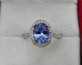 AAAA Blue Sapphire 9x7mm  1.94 Carats 14K White gold Halo stacking engagement ring w/ .20 Cts of diamonds. w/ Certificate 0757