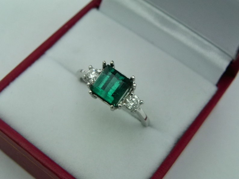 AAA Indicolite Tourmaline Step cut 7x7mm 1.89 Carats 14K white gold Diamond 3 stone ring .32ct 0784 image 4