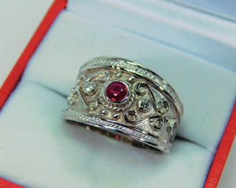 Natural Untreated Ruby 3.50mm  0.21 Carats   in 14K Yellow gold Byzantine-style Etruscan cigar band diamond ring (.06 carats) 3300W