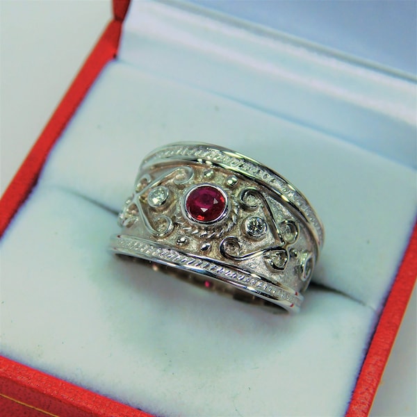Natural Untreated Ruby 3.50mm  0.21 Carats   in 14K Yellow gold Byzantine-style Etruscan cigar band diamond ring (.06 carats) 3300W