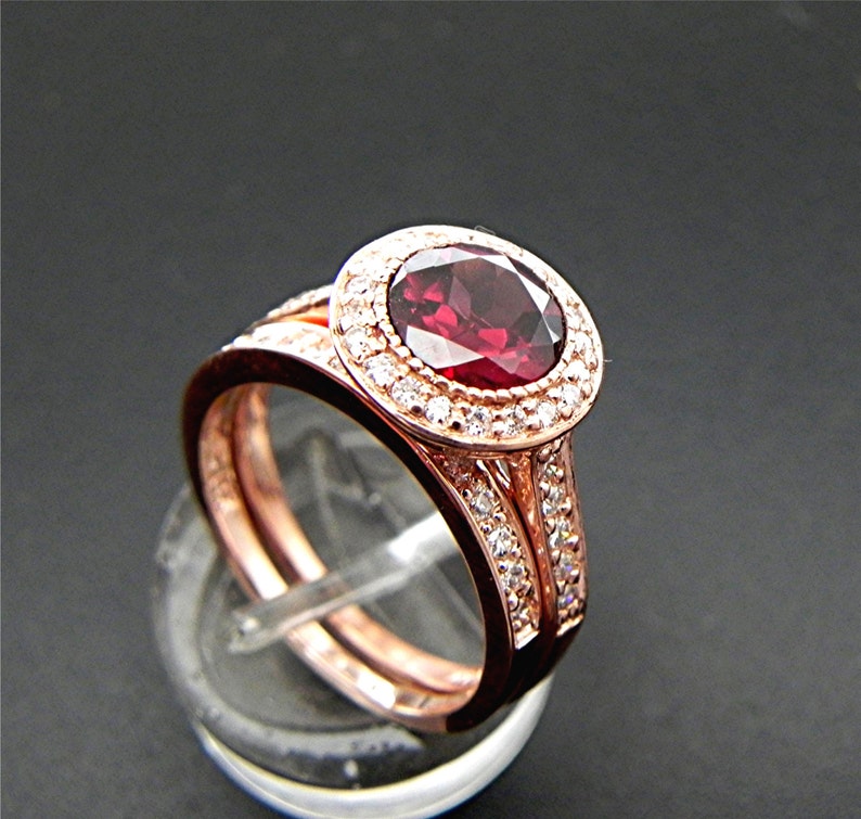 AAAA Rhodolite Garnet 7mm 1.80 Carats in 14K Rose gold bridal set with .35cts of diamonds. B007 1465 image 4