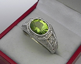AAAA Peridot 10x8mm 2.38 Carats Heavy 14K White gold Antique Vintage  styled MAN&#39;S ring 13-15 grams. 2306(2)