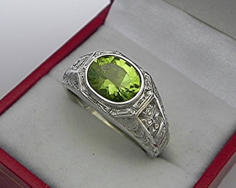 AAAA Peridot 10x8mm 2.38 Carats Heavy 14K White gold Antique Vintage  styled MAN'S ring 13-15 grams. 2306(2)