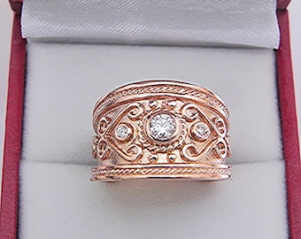 Round brilliant cut Diamond   3.60mm   in 14K Rose gold Byzantine-style Etruscan cigar band diamond ring (.25 carats Total weight) 0405W