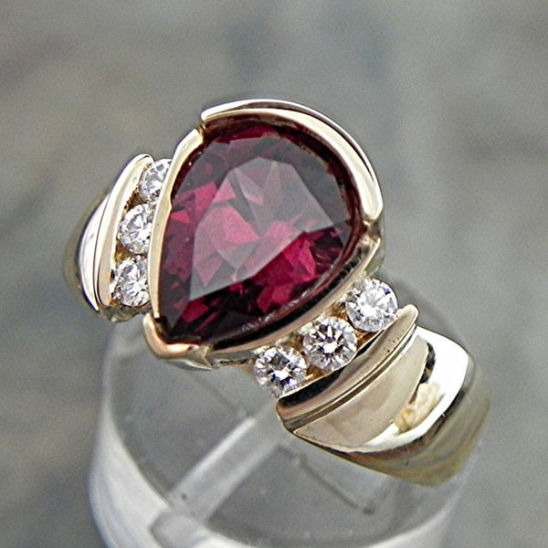 AAAA Natural Purple Red Rhodolite Garnet   10x7mm  2.36 Carats   14K  Yellow Gold engagement ring with .20 ct diamonds 1597