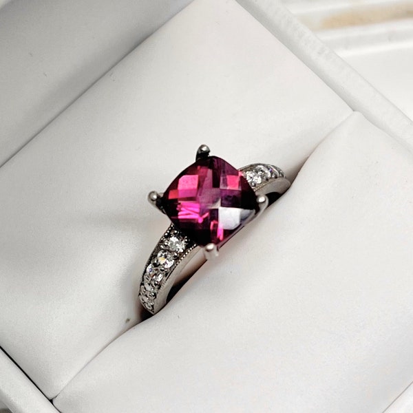 AAAA Rhodolite Garnet   8x8mm  2.25 Carats   14K White gold diamond (.30ct) Engagement Ring 0753