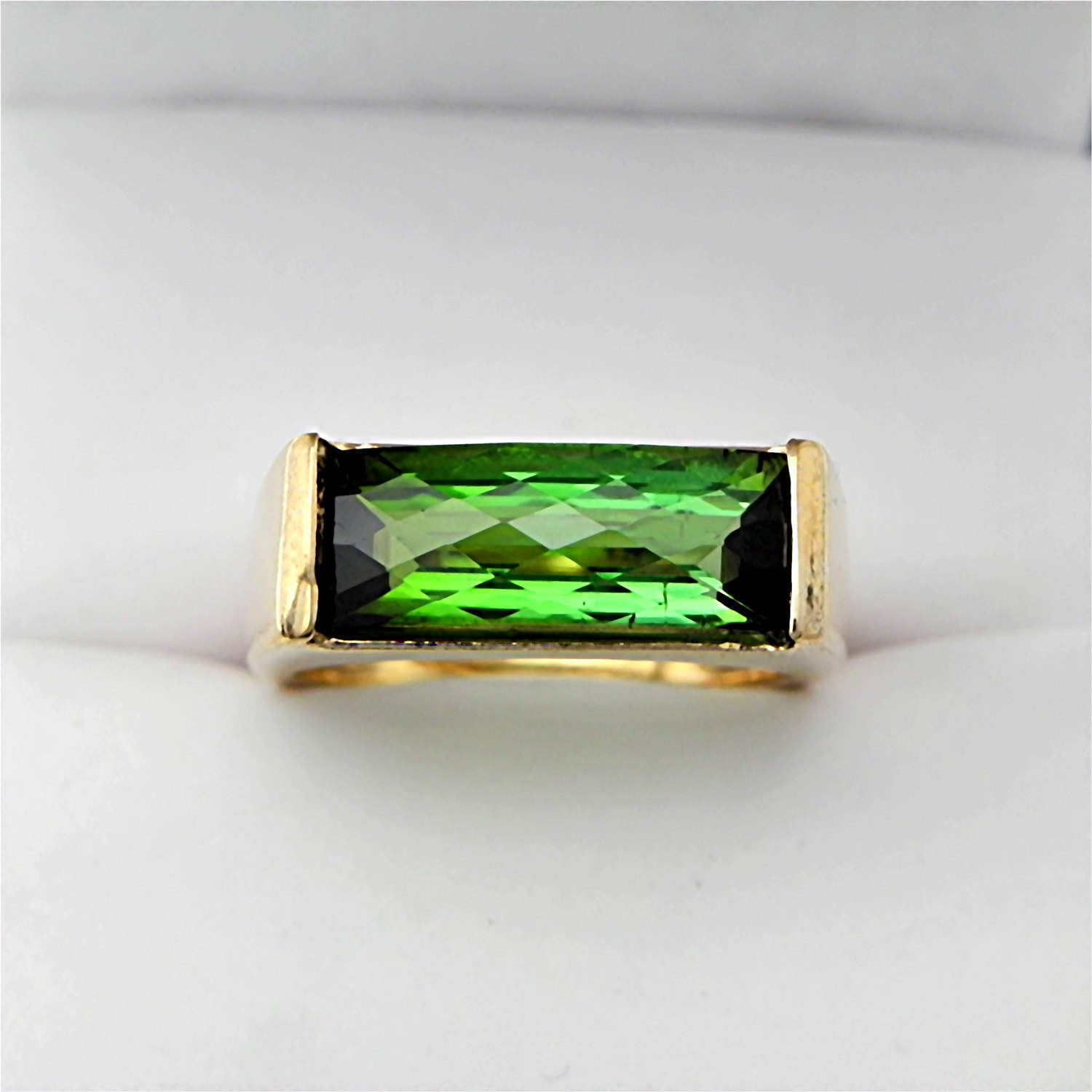 AAAA Bi Color Green Tourmaline 15x6mm 4.17 carats in 14K yellow gold ring 5.5 grams  2160