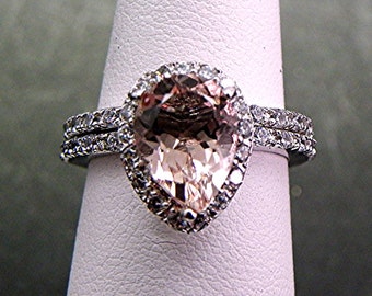 AAA Natural untreated Salmon Peach Morganite Pear shape   9x7mm  1.60 Carats   in 14K White gold bridal set w/ .40cts of diamonds B107 1512