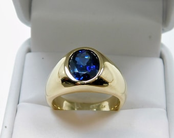 AAAA Blue Sapphire 10x8mm Man made Oval cut 2.96 Carats   14K yellow gold men&#39;s ring 19 grams 0204