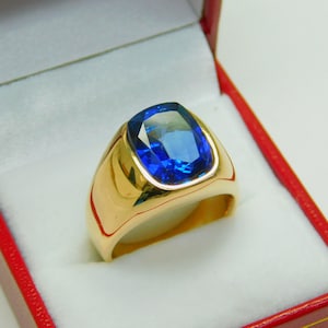 AAAA Lab Blue Sapphire  12x10mm  7.50 Carats   Heavy 18K Yellow gold Mens ring 18-20 grams. 4390