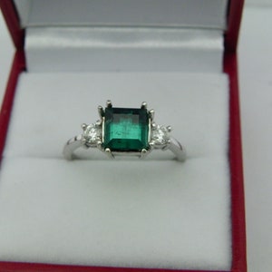 AAA Indicolite Tourmaline Step cut 7x7mm 1.89 Carats 14K white gold Diamond 3 stone ring .32ct 0784 image 5