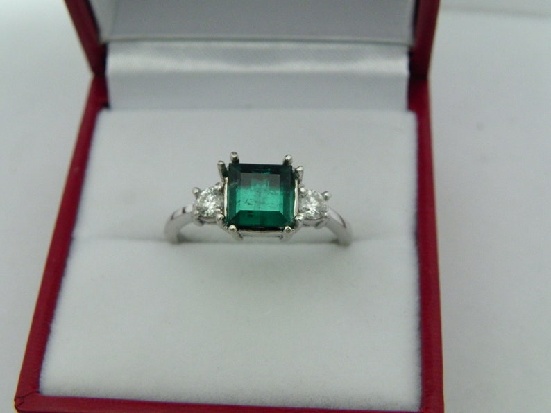 AAA Indicolite Tourmaline Step cut 7x7mm 1.89 Carats 14K white gold Diamond 3 stone ring .32ct 0784 image 5