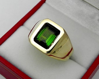 AAAA Chrome Tourmaline 9x7mm  2.14 Carats   Heavy 14K Yellow gold Emerald cut Mans ring 15-16 grams 1719