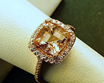 AAA Peach Morganite Natural   8x8mm  2.11 ct   Square Emerald cut in 14K Rose gold Halo ring with .30 carats of diamonds 1207 H001 MMMM