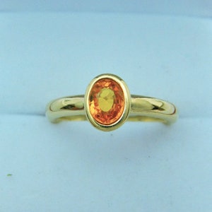 AAA Yellow Orange Sapphire  6.5x5mm  1.07 Carats   Bezel set 14K Yellow gold Engagement Ring 2412