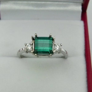 AAA Indicolite Tourmaline Step cut 7x7mm 1.89 Carats 14K white gold Diamond 3 stone ring .32ct 0784 image 7