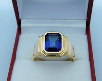 AAAA  Lab Sapphire  10x8mm  4.43 Carats  Heavy 14K Yellow gold Emerald cut Mans Ring 14 to 15 grams Also available in 18K  3017