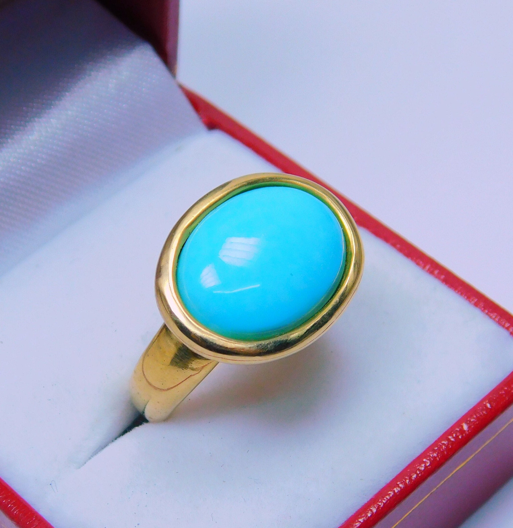 AAAA Sleeping Beauty Turquoise  18K and 14K(not shown) yellow gold bezel ring 16x12mm  12-14 grams