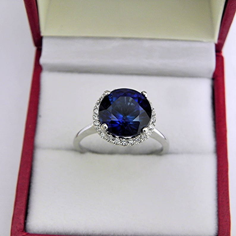 AAAA Blue Sapphire 10mm 5.00 carats in 14K White gold Diamond Halo ring with .25 carats of diamonds MMM image 3