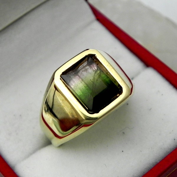 AAA Watermelon Tourmaline 10x7mm  3.21 Carats   Heavy 14K Yellow gold Emerald cut Mans  ring 15-16 grams 1768