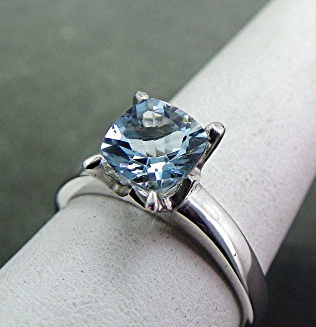 AAAA Natural Blue Aquamarine Untreated Square Cushion Cut 7x7mm 1.16 Carats in 14K White Gold Ring SP77 Etsy