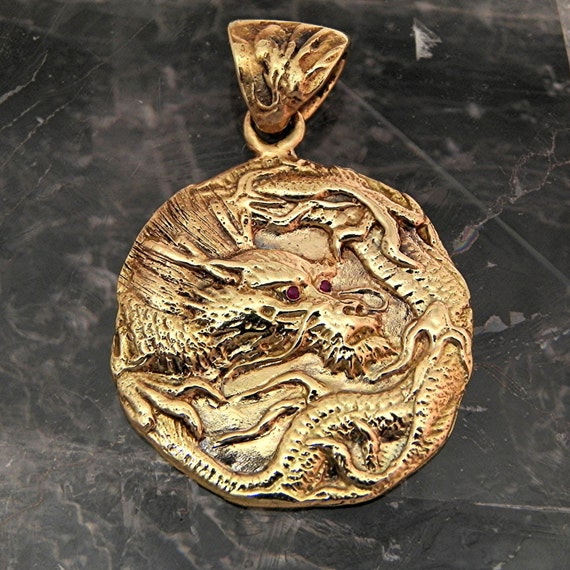 14K Yellow Gold DRAGON Pendant W/ Ruby 