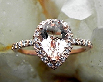 AAA Natural Salmon Peach Morganite untreated Pear shape   9x7mm  1.51 Carats   in 14K Rose gold engagement ring w/ .30cts of diamonds. DDD