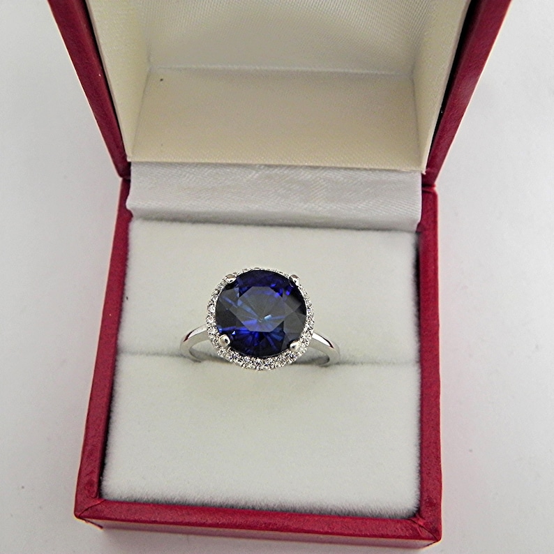 AAAA Blue Sapphire 10mm 5.00 carats in 14K White gold Diamond Halo ring with .25 carats of diamonds MMM image 5