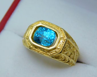 AAAA Blue Zircon 8x6mm 3.40 Carats Heavy 14K Yellow Gold Antique