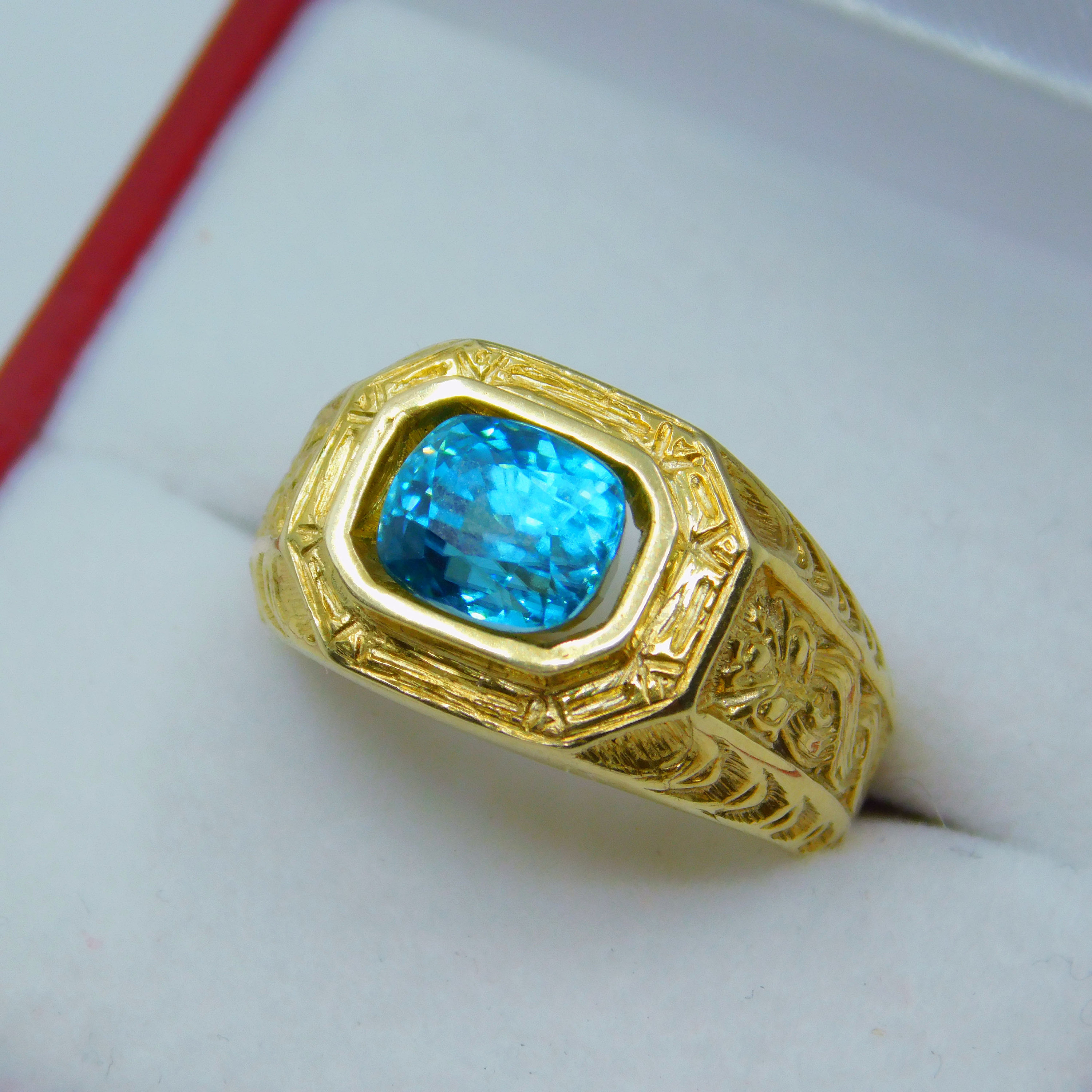 AAAA Blue Zircon 8x6mm 3.40 Carats Heavy 14K Yellow Gold Antique