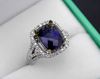 AAAA Iolite Cushion Cut   9x7mm  1.66 Carats   14K White gold Diamond halo Engagement ring 1360 DDD