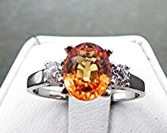 Orange Sapphire   8x6mm  1.76 Carats   with .14 cts of Diamonds 14K white gold ring 1058 C863