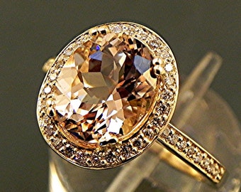 AAA Peach Morganite   10x8mm  2.32 Carats   in a 14K Yellow gold diamond Halo Ring (.32ct)  1812 MMM 3333 DDD