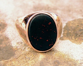 AAAA Bloodstone  16x12mm 4.32 Carats  in Heavy 14K Rose gold ring 15 grams Natural Flat top.  Also available in 18K  C1612 1454