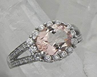 AAA Peach Salmon Oval Morganite   9x7mm  1.37 Carats   14K White gold and diamond Halo ring 0118 y DDD