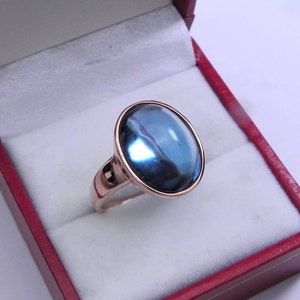 AAAA London Blue Topaz Cabochon 11.55 carats  16x12mm in 14K or 18K Rose gold ring, also available in Yellow or White gold 1816