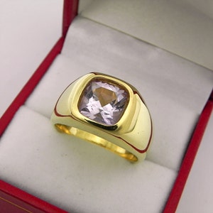 AAAA Kunzite   8x8mm  2.53 Carats   Heavy 14K Yellow gold Cushion cut Mans Ring 20 gram  2564