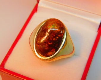 AAAA Imperial Fire Agate from Mexico 19x14mm  10.49 Carats in Heavy 14K Yellow gold ring   22 grams w/ Certificate 1205