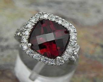 AAAA Red Pyrope Garnet   9x9mm  3.80 Carats   14K White gold diamond (.65ct) Bridal set. BH99 1883